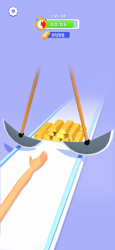 A hand reaching for gold bars between swinging blades in a Crazy Challenge mini game level