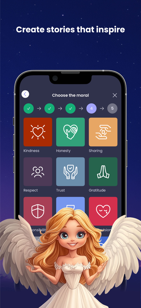 Screenshot showing the selection of moral lessons like kindness and honesty in the AI Storyteller bedtime story app
