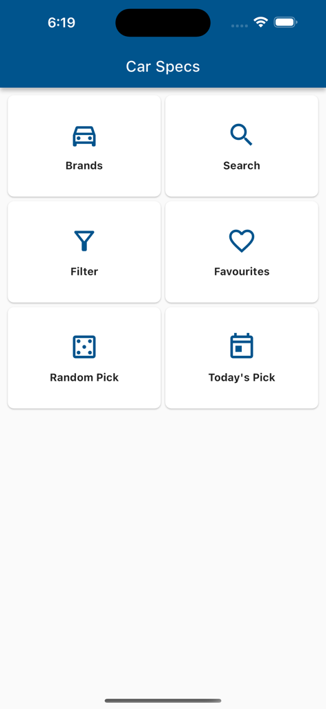Car Specs Hub - Car Specs Hub app dashboard featuring menu icons for Brands Search Filter Favourites Random Pick and Todays Pick