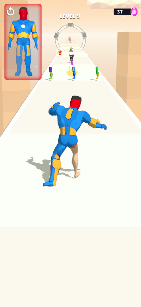 A character collecting blue and yellow superhero armor parts while running on a track in the Mashup Hero game.
