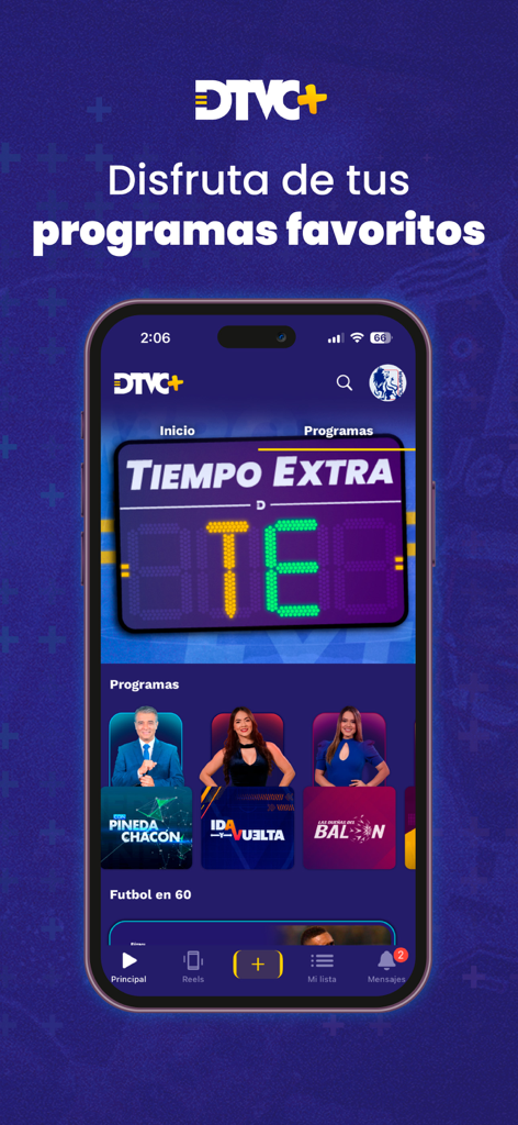 iPhone screen displaying the DTVC plus app interface with various Honduran sports programs and live streaming content