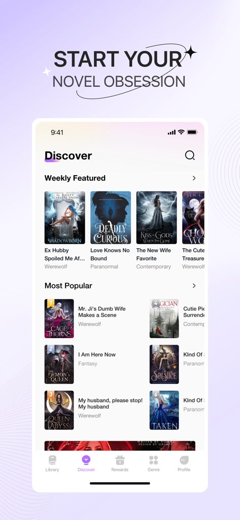 Novellair app interface showing the Discover tab with various web novel categories like Weekly Featured and Most Popular