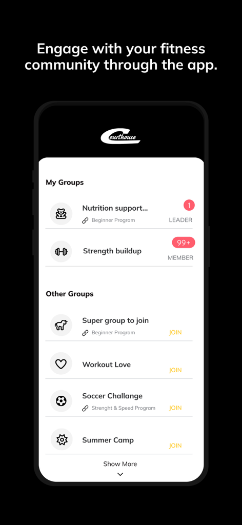 Courthouse Clubs - Courthouse Clubs app interface showing fitness community groups for nutrition strength training and soccer challenges