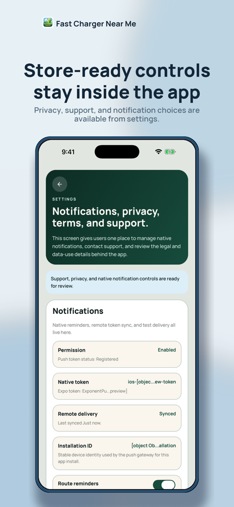 Settings screen of the Fast Charger Near Me app showing notification and privacy management options.
