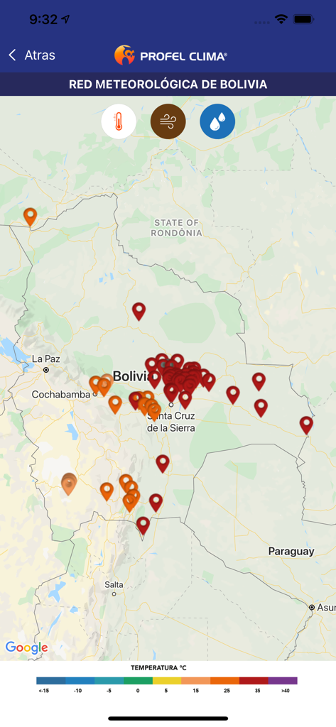 PROFEL Clima 2.0 - Mapa de la red de estaciones meteorológicas en la aplicación PROFEL Clima que muestra datos de temperatura en Bolivia