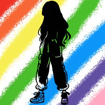 girl in baggy pants crop top and long hair