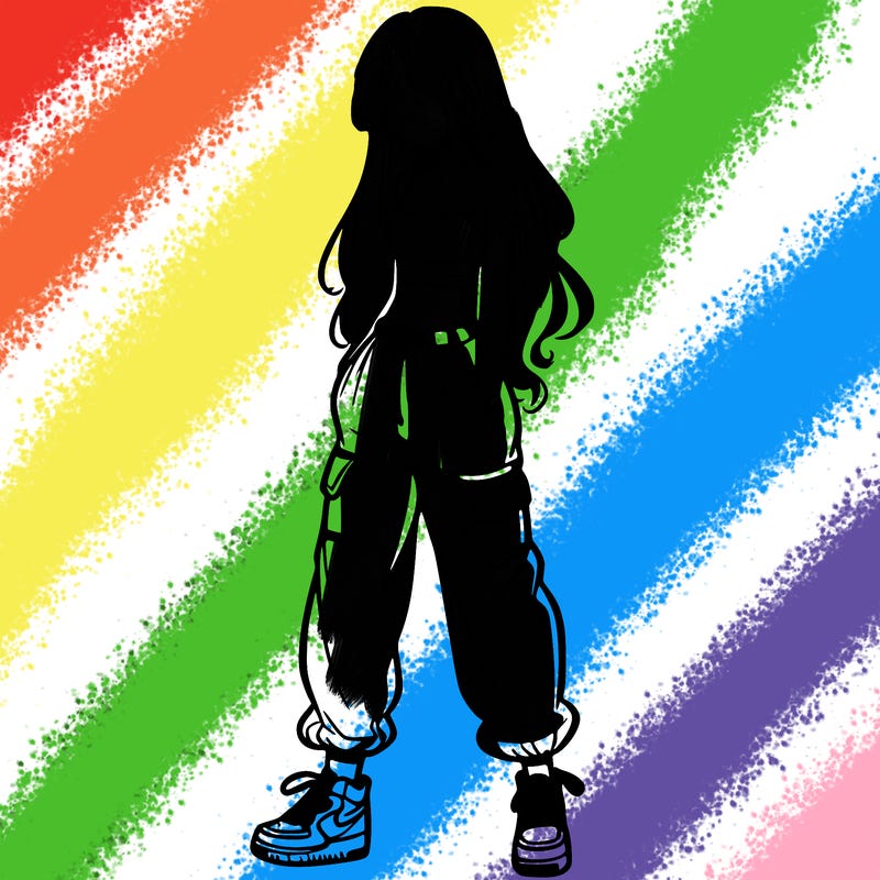 girl in baggy pants crop top and long hair