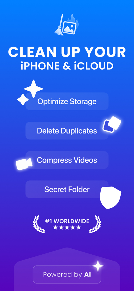 Main features of Clean Up Now app showing AI powered tools to optimize iPhone and iCloud storage