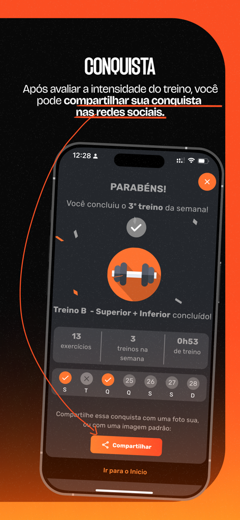 O Personal Digital - Tela do aplicativo O Personal Digital mostrando um resumo de conclusão de treino e botão de compartilhamento social