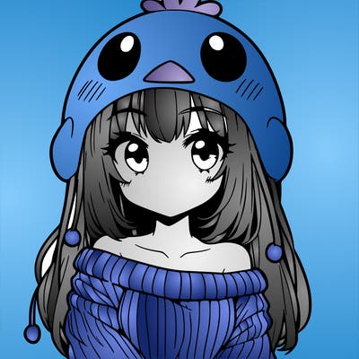 anime girl with chick shaped hat with sweater with bare shoulders with bangs covering them one eye with low tail