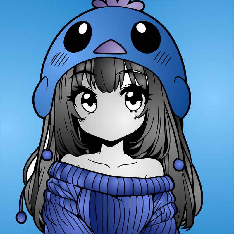 anime girl with chick shaped hat with sweater with bare shoulders with bangs covering them one eye with low tail