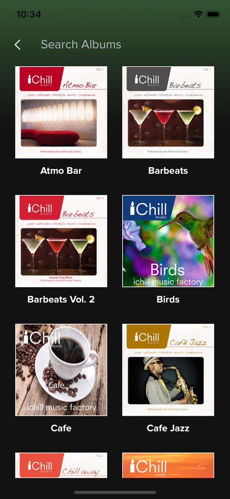 iChill - A library of license free music albums for small businesses in the iChill app search screen