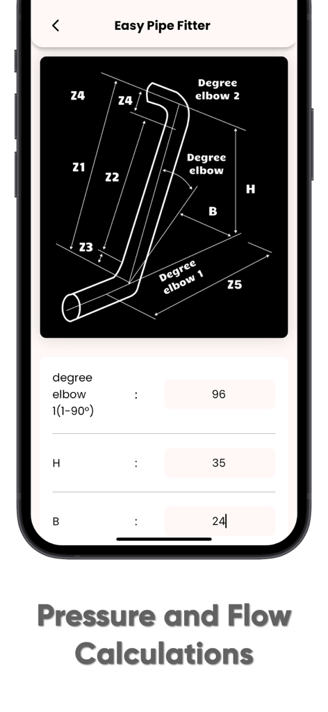Easy Pipe Fitter - Technical pipe layout diagram and calculation interface in the Easy Pipe Fitter app