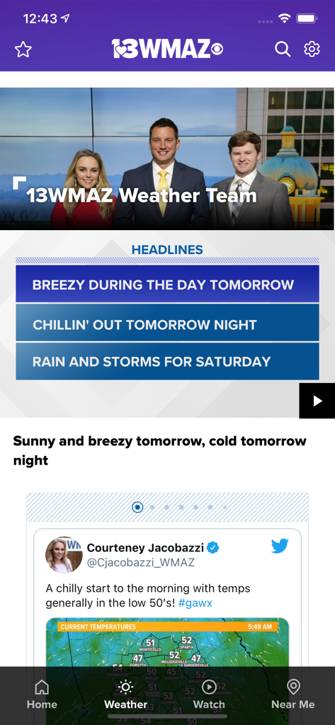 Captura de tela da seção meteorológica do aplicativo 13WMAZ mostrando previsões locais e a equipe meteorológica da Geórgia Central.