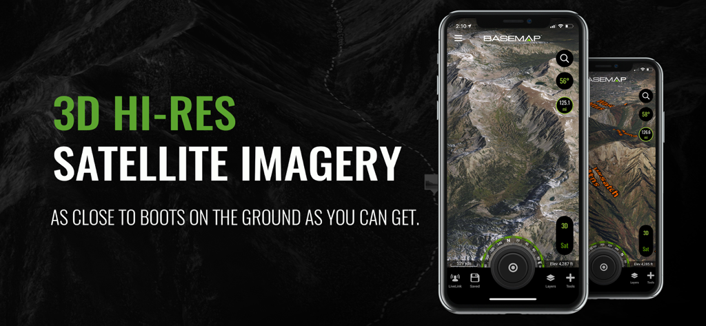 BaseMap app displaying 3D high-resolution satellite imagery of mountainous terrain for hunting and scouting.