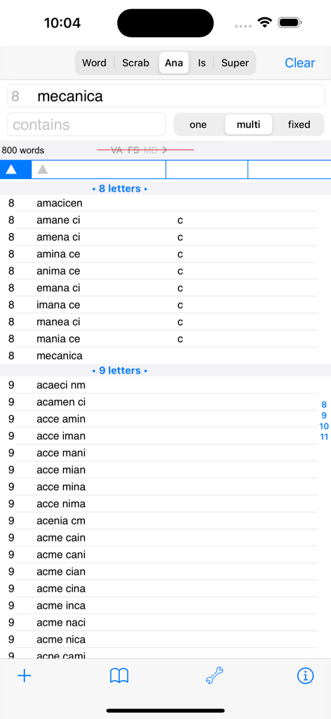 Español Words Finder PRO - Espanol Words Finder PRO app interface showing Spanish anagram search results for the word mecanica