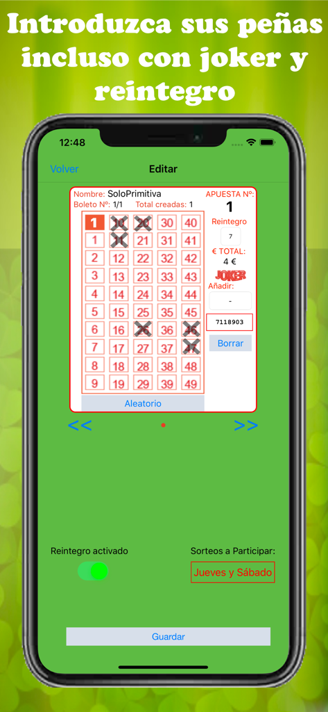 Mobile app interface for SoloPrimitiva showing a digital lottery ticket grid to manually enter numbers for Spanish Primitiva pools.
