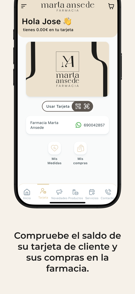 Farmacia Ansede mobile app showing a digital loyalty card with balance and purchase history.