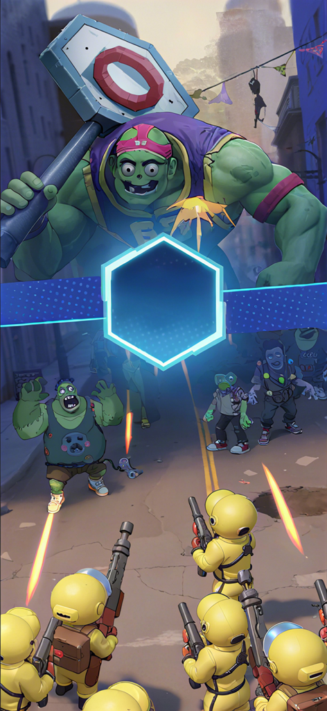 노란색 방호복 병사들이 농구공 망치를 든 거대한 녹색 좀비 보스에게 총을 쏘고 있습니다.