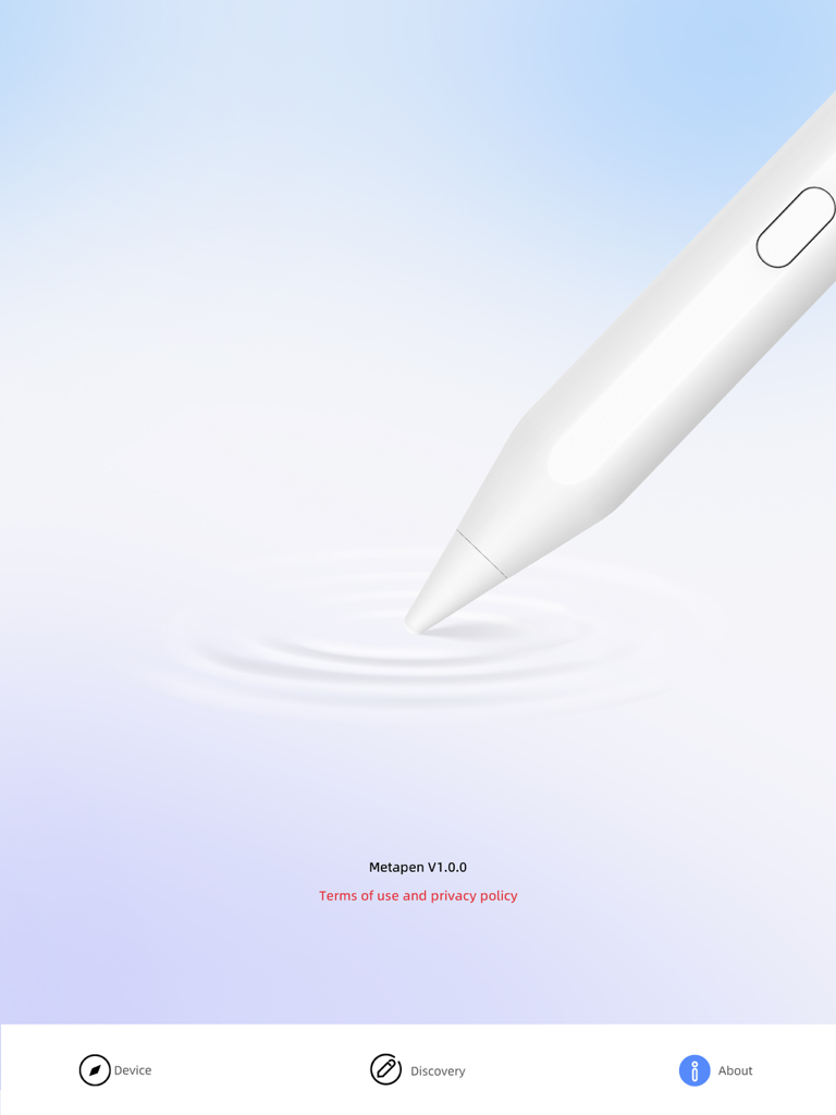 Metapen - The about screen of the Metapen app for iPad styluses showing the app version and a digital pen illustration.