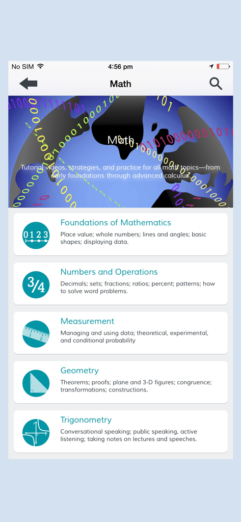 SWAdvantage - A list of math educational topics within the SWAdvantage app including geometry and measurement.