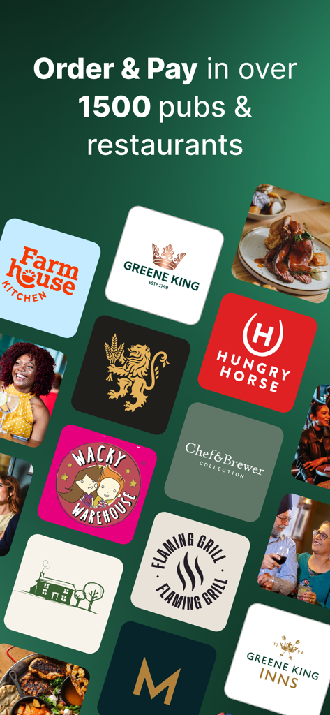Greene King app screen showing various pub brand logos and text about ordering and paying at over 1500 locations.
