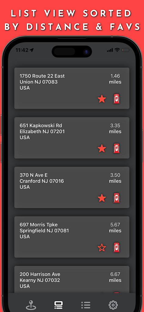 Supercharger for Tesla - Mobile app screen showing a list of nearby Tesla Superchargers sorted by distance and marked favorites