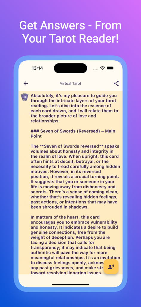 Una pantalla de smartphone que muestra una lectura detallada de tarot impulsada por IA para la carta invertida del Siete de Espadas.