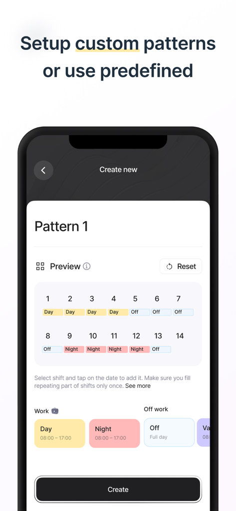 Shift Work Calendar & Schedule - Interface for creating and previewing custom shift work patterns with color-coded day and night rotations