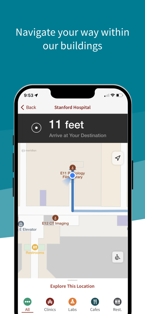 Stanford Health Care MyHealth - A mobile app screen showing indoor navigation and map directions within Stanford Hospital