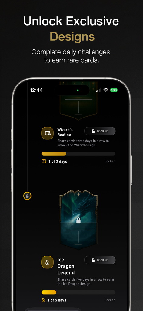 Captura de pantalla de la aplicación FUT Card Creator FC 26 que muestra desafíos diarios para desbloquear diseños de cartas exclusivos.