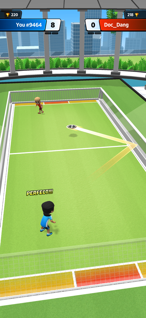 Disc Rivals - Disc Rivals mobile gameplay showing a player performing a perfect throw in a rooftop stadium