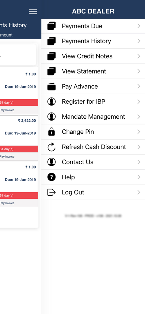 FreePay - FreePay app sidebar menu showing payment history and finance management options for dealers