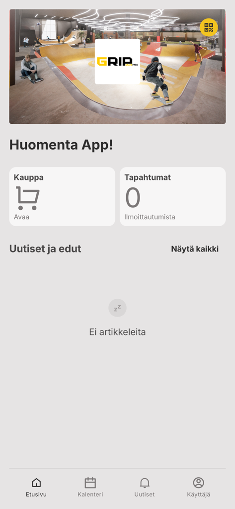GRIP Skatepark - Home screen of the GRIP Skatepark mobile app showing dashboard with shop and events sections