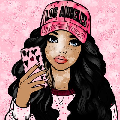 realistic beautiful girl wearing los ángeles cap holding an iphone