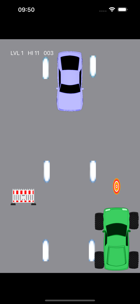 Monster Trucks: Car Smash Race - Top down view of a green monster truck racing on a road to smash cars