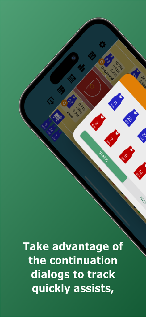 Basketball Stats Assistant - Smartphone screen showing the continuation dialog feature in the Basketball Stats Assistant app for quick game stat tracking