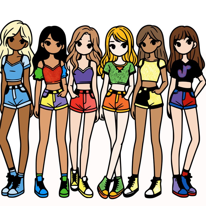 a group of girls wearing crop tops and shorts