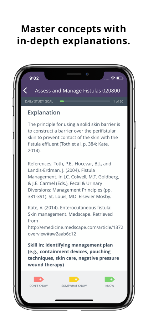 COCN® Ostomy Care Exam Prep - Un écran d'explication clinique détaillé dans l'application COCN Ostomy Care Exam Prep avec des références médicales et des boutons d'auto-évaluation des connaissances