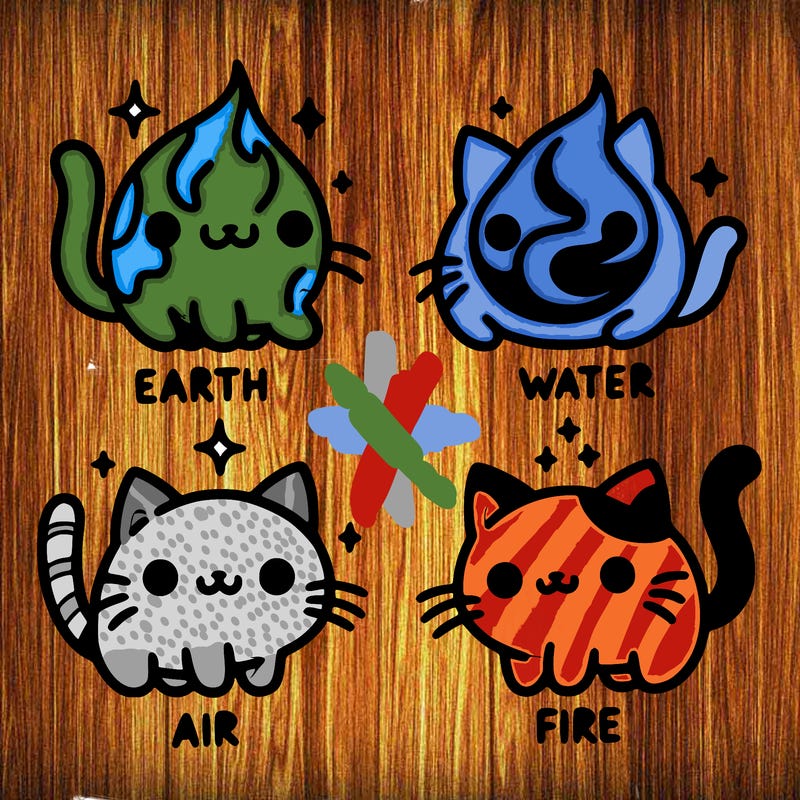 4 cats that represent the different elements, earth, water, air, and fire