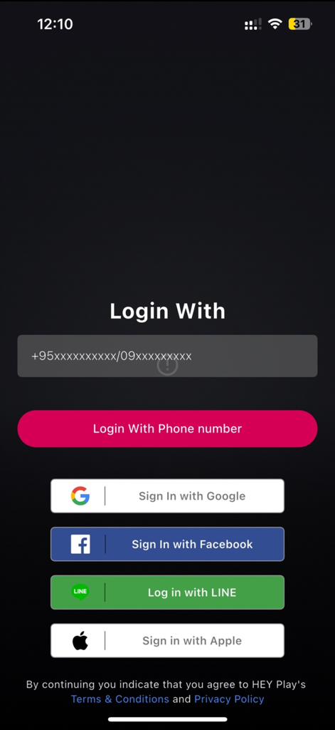 Login screen of HEY Play Myanmar app with options to sign in using phone number Google Facebook LINE or Apple
