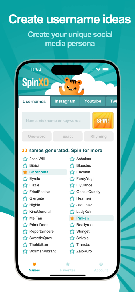 SpinXO Username Generator - Schermata dell'app SpinXO Username Generator che mostra un elenco di idee per nomi utente generate dall'IA e una barra di ricerca per handle di social media