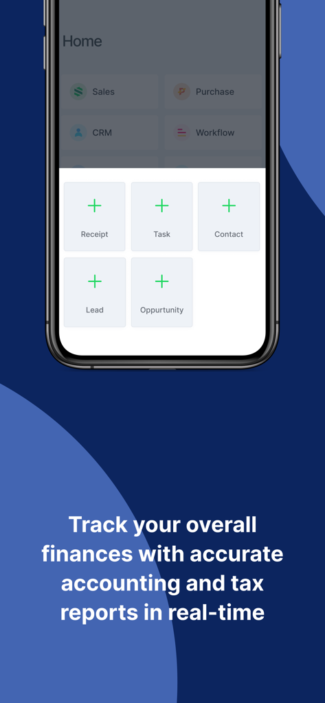 TIGG-Cloud Accounting software - TIGG cloud accounting app mobile screen showing quick action buttons for receipts and tasks