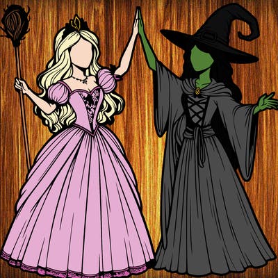 detailed realistic split of a princess and a witch