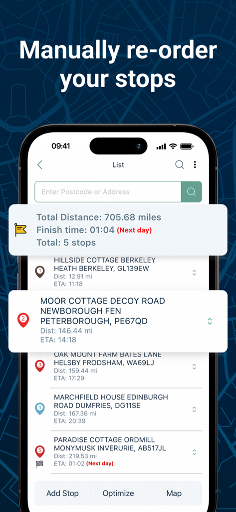 Delm8 City Navigation, Maps UK - Smartphone displaying the Delm8 app interface with a list of delivery stops and the option to manually reorder them.