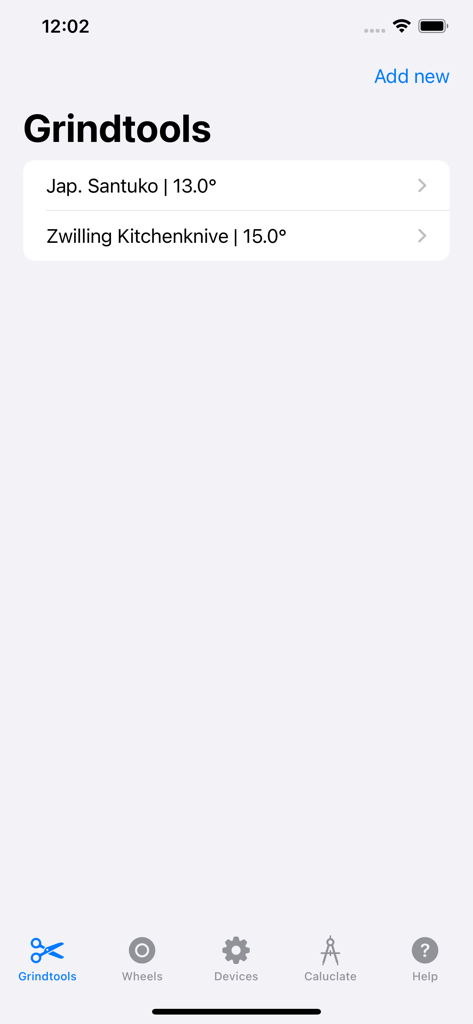 Grindcalculator - Bildschirm der Grindtools-Bibliothek, der gespeicherte Küchenmesser mit ihren spezifischen Schärfwinkeln anzeigt
