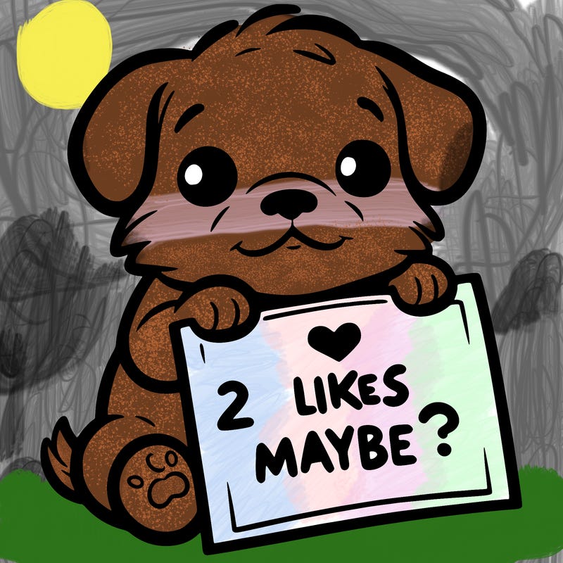 a puppy holding a sign that says 2 likes maybe?
