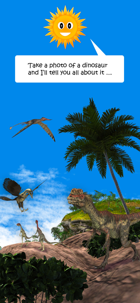 Dinosaurs & Ice Age Animals - Educational app screen showing dinosaurs in a landscape with a cartoon sun explaining the photo identification feature