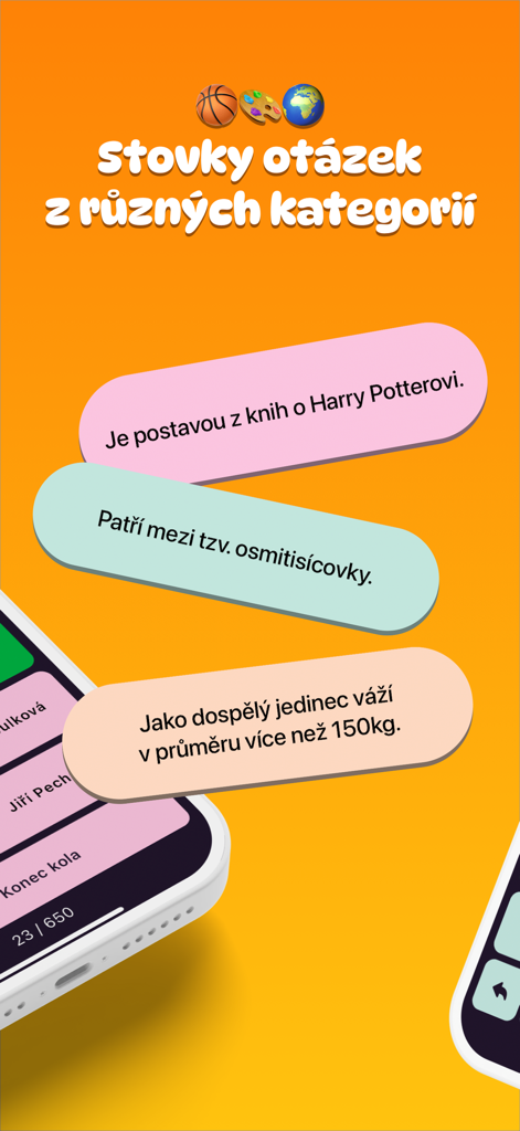 Chytrák - vědomostní kvíz - Mobile app interface for a knowledge quiz showing various question bubbles and category icons for sports, art, and geography.