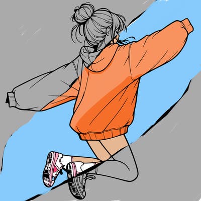 realistic girl jumping with a bun and oversized sweatshirt